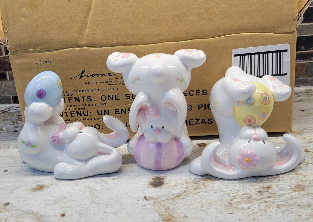 3 Vintage Home Interiors Ceramic Easter Bunnies Tumbling Figurines Family NIB